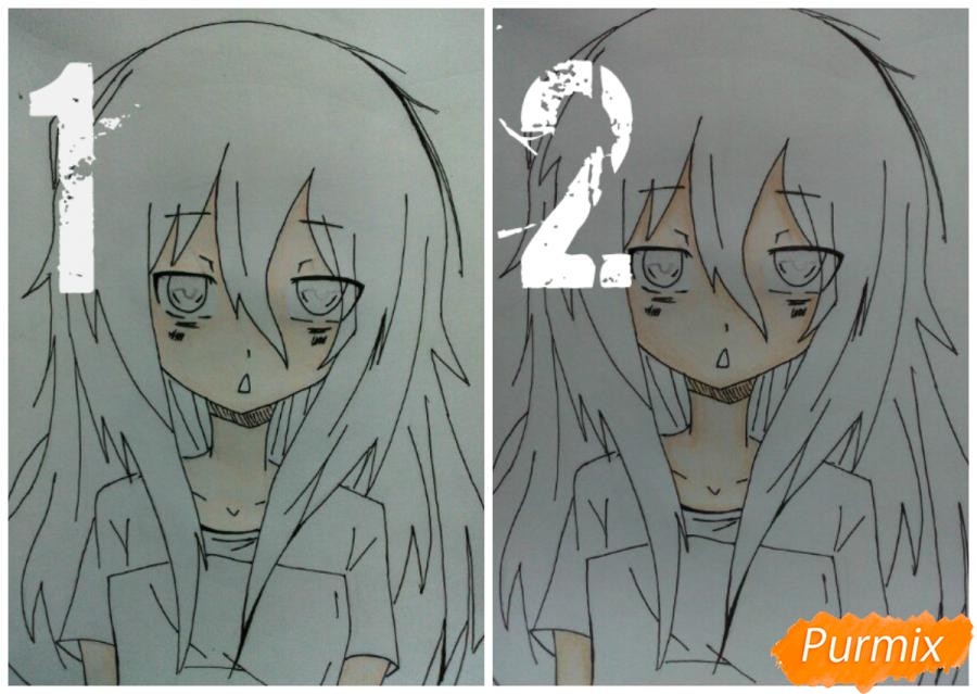 Рисуем сонную аниме девочку цветными карандашами - шаг 8