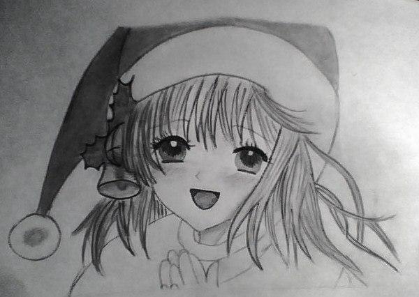 Рисуем лицо милой аниме девушки в шапке санты - шаг 7