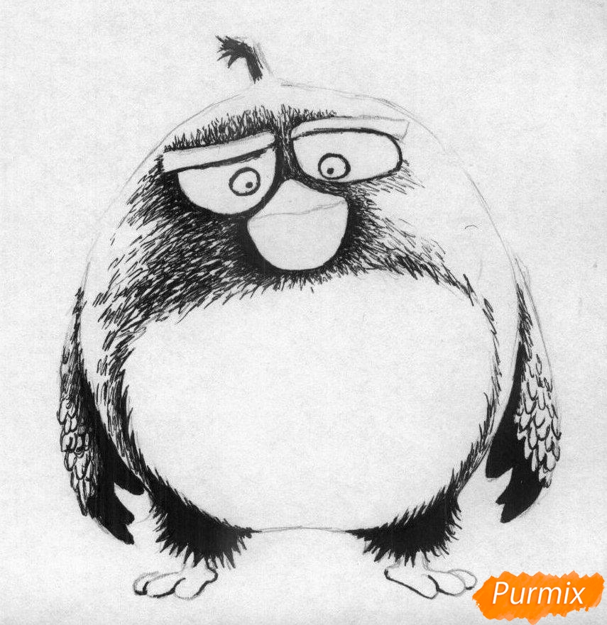 Как нарисвоать Бомба из Angry Birds в кино карандашами и ручкой - шаг 2