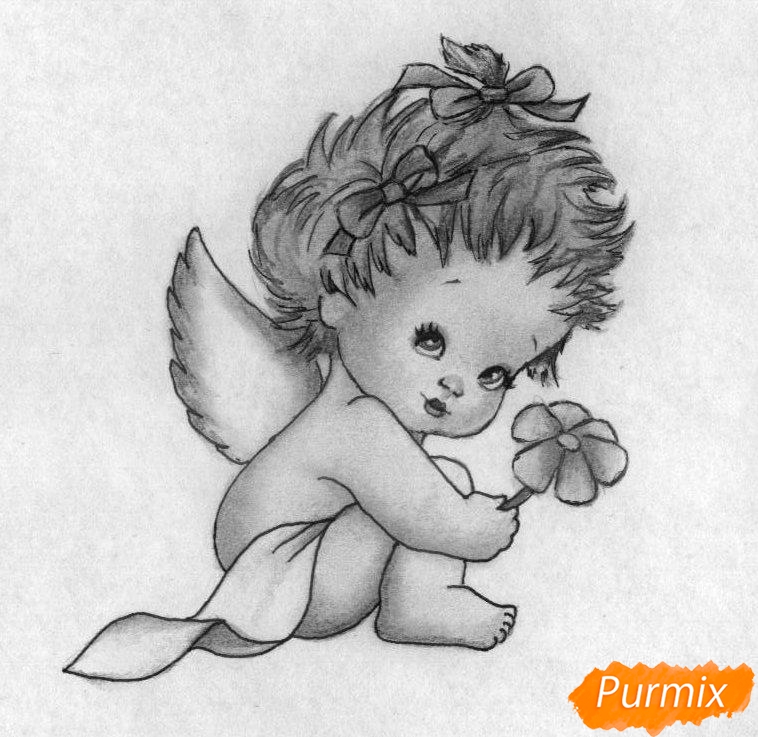 Рисуем ангелочка с цветком на День святого Валентина карандашами - шаг 5