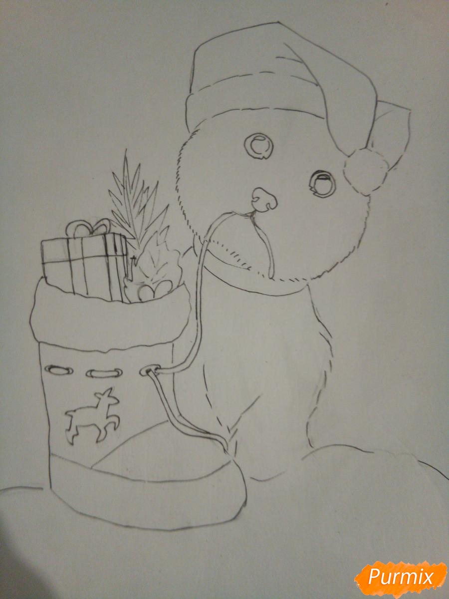 Рисуем новогоднего щеночка породы йоркширский терьер в шапочке - шаг 7
