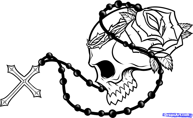 Рисуем череп с розой четками и крестом - шаг 10